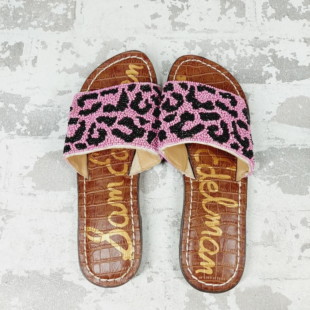 NEW Sam Edelman Gunner Pink Black Leopard Print Summer Slide Sandals D125